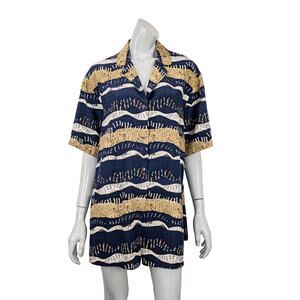 NICOLE FARHI 100% Silk Button up Blouse Navy Multi Print Women's size 10/12